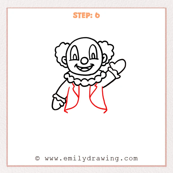 how to draw a cartoon clown - The cartoon clown now has a simple open jacket drawn under the ruffled collar, with clear lapels and curved coat sides.
